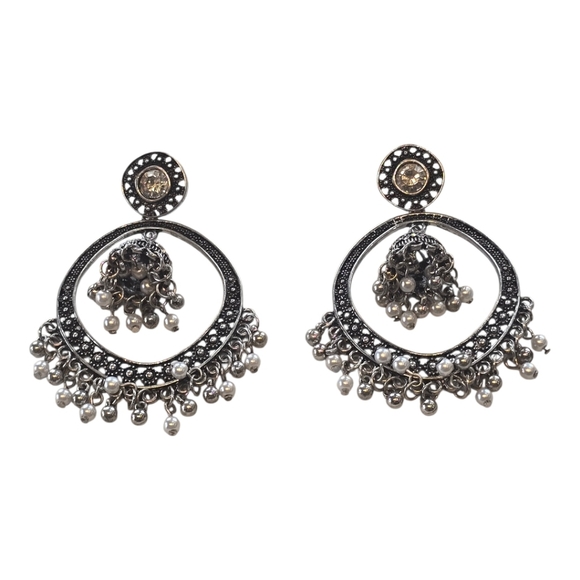 Indian Jhumka Round Crystal Oxidized Silvertone Hoop Earrings - Picture 6 of 6